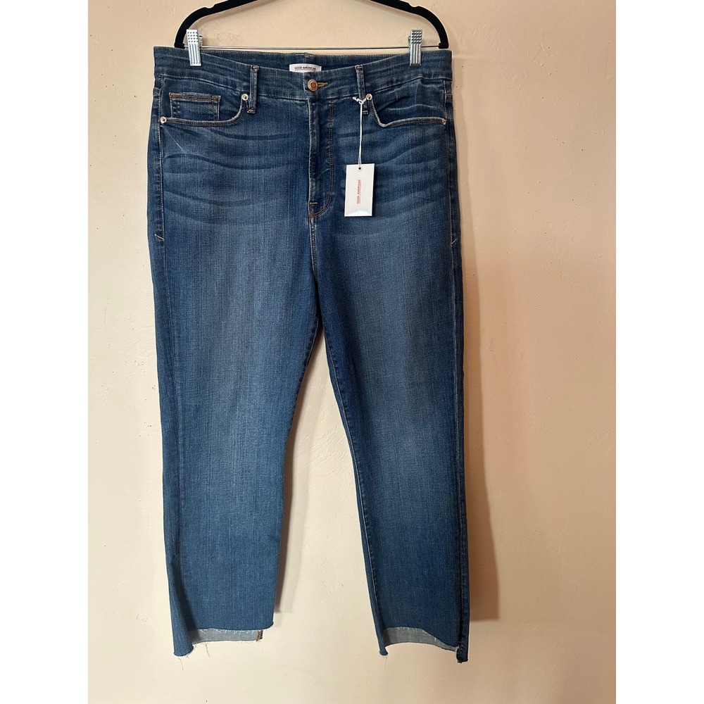 Good American High Rise Raw Step Hem Jeans Indigo Blue Size 18 NWT